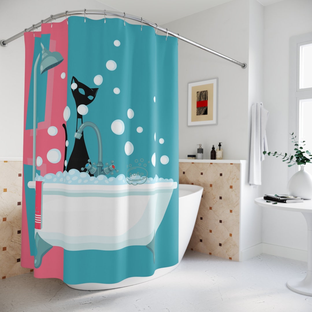 Mid Century Modern Atomic Cat Shower Curtain, Geometric Aqua Blue, Pink