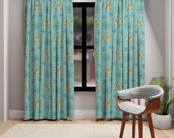 Moderne Fenstervorhänge aus der Mitte des Jahrhunderts, Aqua Blues, Franziskaner-Starburst, Atomic 50er Jahre Home Living Retro Home Decor