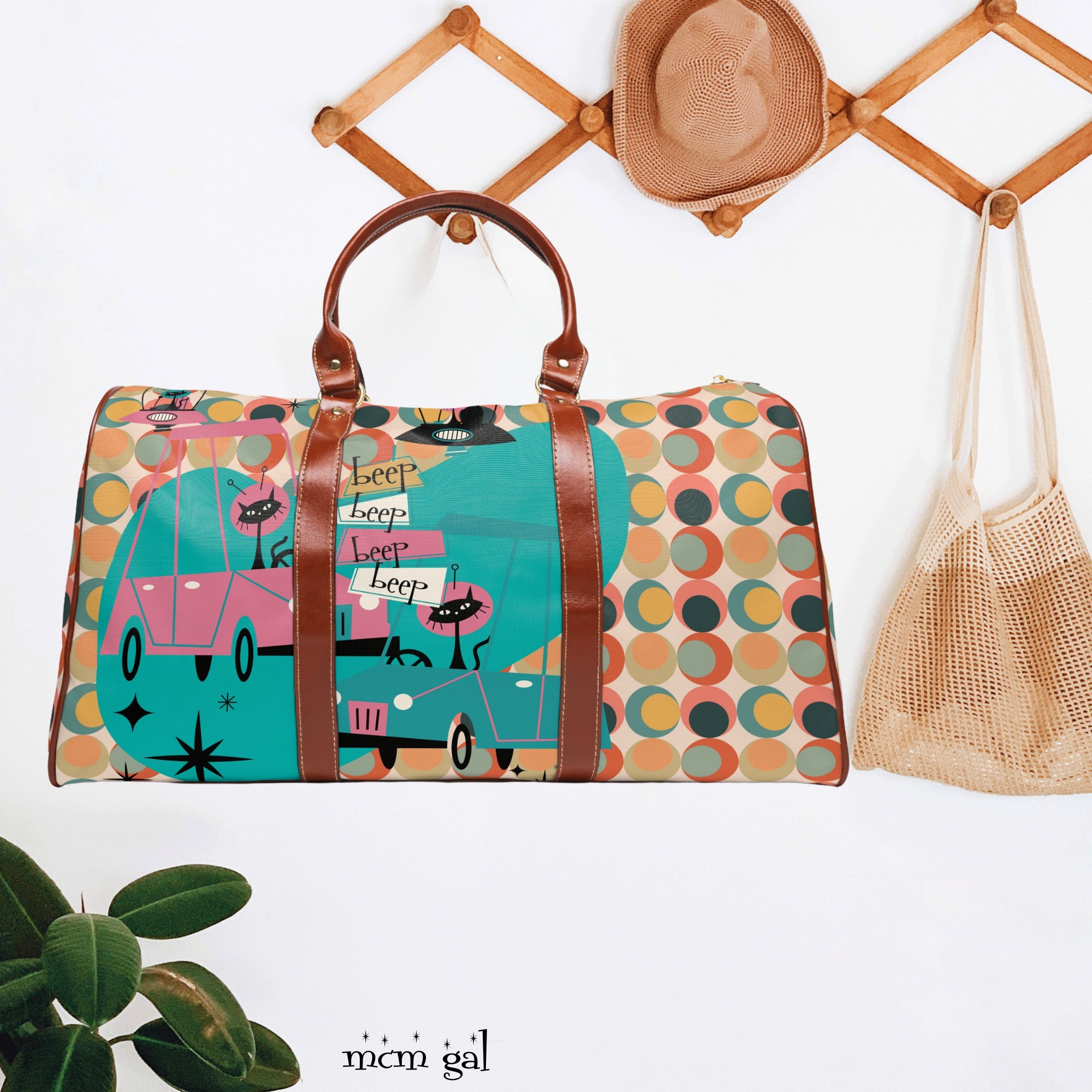 Mid Century Modern Travel Bag Atomic Cat Time Capsule Travel Mid Century Modern Quirky Fun Carry On Weekender Waterproof Travel Bag Etsy