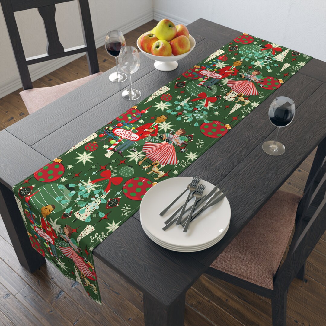 Mid Century Modern Christmas Table Runner, Kitschy 50's Retro Couple