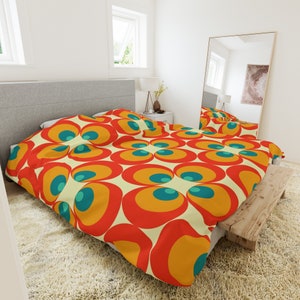 70's Bedding, Mid Century Modern, Retro Groovy, Bold Orange, Turquoise, Teal Blue Peacock Eye Orb Geometric King Comforter