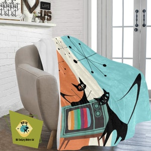 Atomic Cat Retro Colored TV, Starburst, Mid Century Modern, Aqua, Orange, Cream Groovy THIN Velveteen Plush Blanket