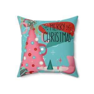 Mid Century Modern Christmas Pillow, Aqua Pink, Whimsical Holiday Kitsch Polyester Square Pillow