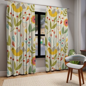 Folk Art, Modern Danish Hygge, Scandinavian, Norwegian, Bird, Floral, Yellow, Orange, Green, Window Curtains (1 Piece)