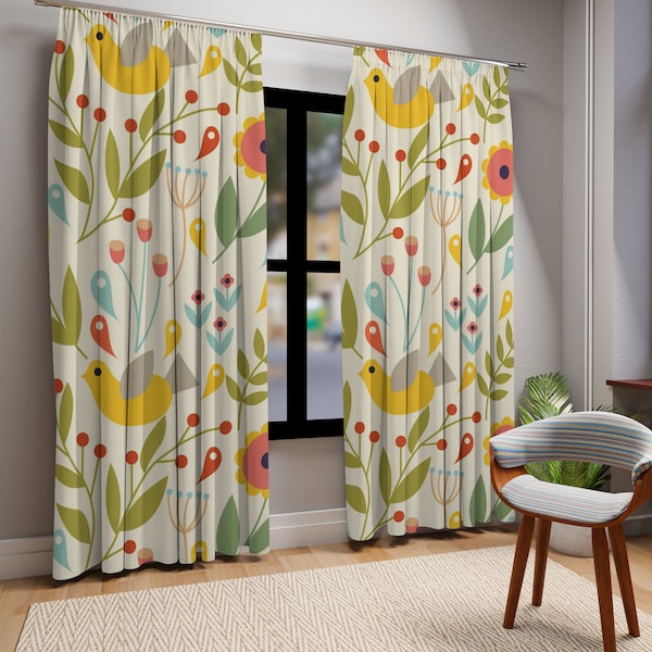 Art populaire, Hygge danois moderne, Scandinave, Norvégien, Oiseau, Floral, Jaune, Orange, Vert, Rideau de fenêtre (1 pièce)