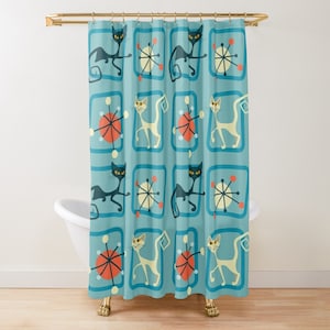 Atomic Cat Retro Kitty Blue Geometric Mod Century Modern MCM Home Decor Shower Curtain