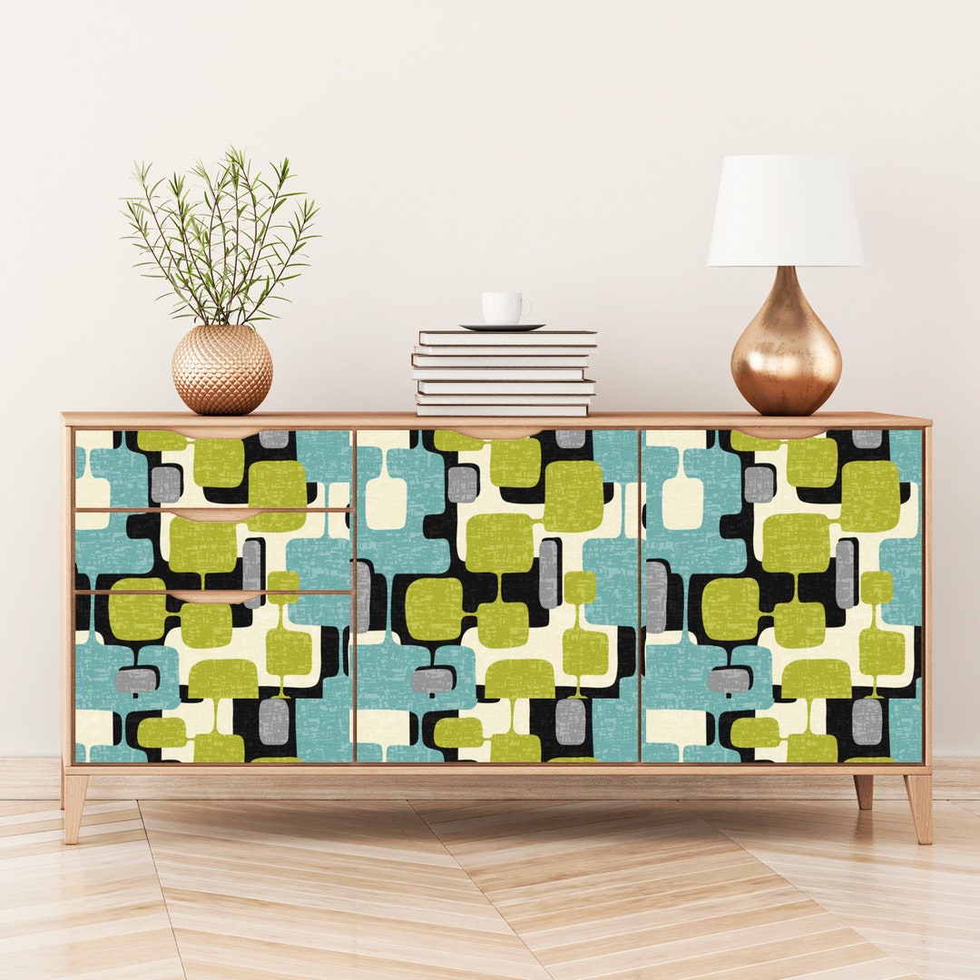 Mid Century Modern Wallpaper, Geometric, Aqua Blue, Lime Green, Black
