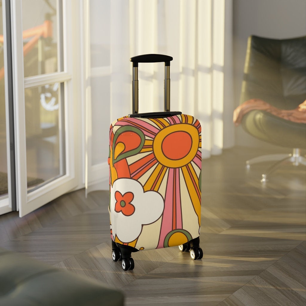 Luggage Cover For Women, Retro 70's Groovy, Pink, Orange Yellow Hippie, Boho Sun