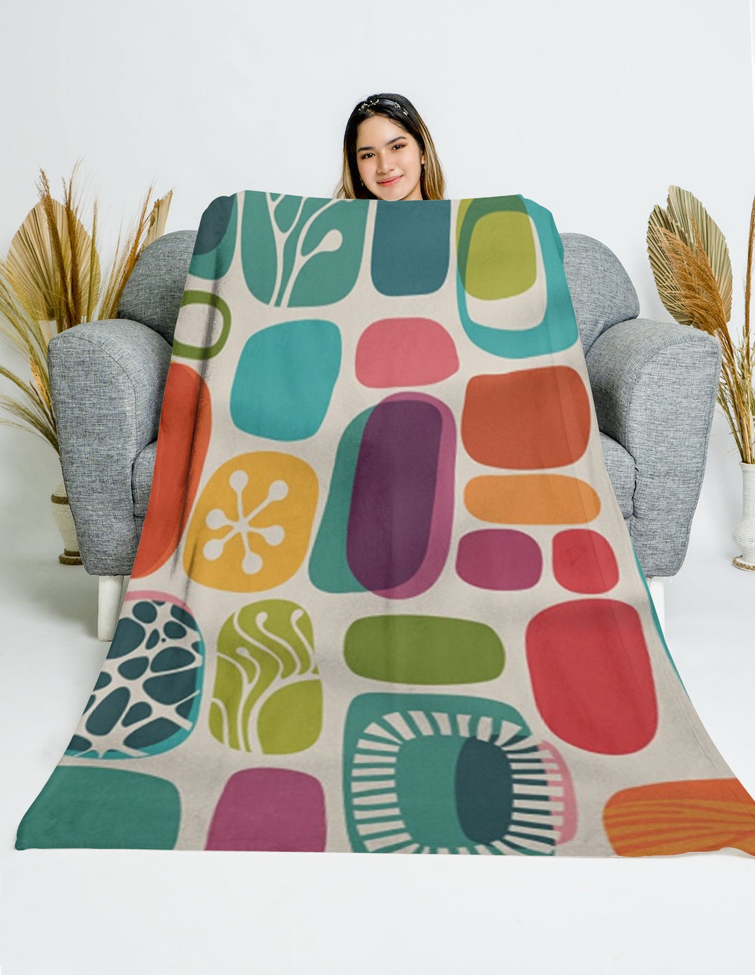 Mid Century Modern Blanket Abstract Geometric Retro Colorful Etsy