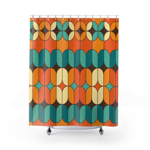 Retro Shower Curtain Abstract Mid Century Modern Retro Blue Etsy