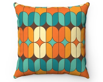 Geometric Orange Teal  And Cream Mid Century Modern Bold Retro MCM Home Decor Vintage Boho Spun Polyester Square Pillow Case