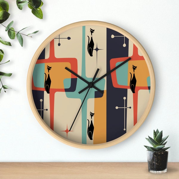 Atomic Cat, Mid Century Modern, Retro Geometric, Kitschy 50's Mod Wall Clock
