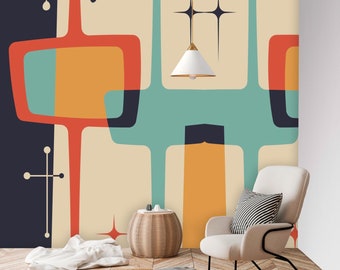 Mid Mod Atomic Home Living, Black, Beige, Teal, Geometric, Abstract Mid Century Modern  Peel And StickWall Murals