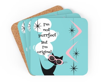 Atomic Cat Funny Retro Turquoise Blue I'm Not Purrfect, But I'm Original Mid Century Modern Boomerang Pink, Black Corkwood Coaster Set