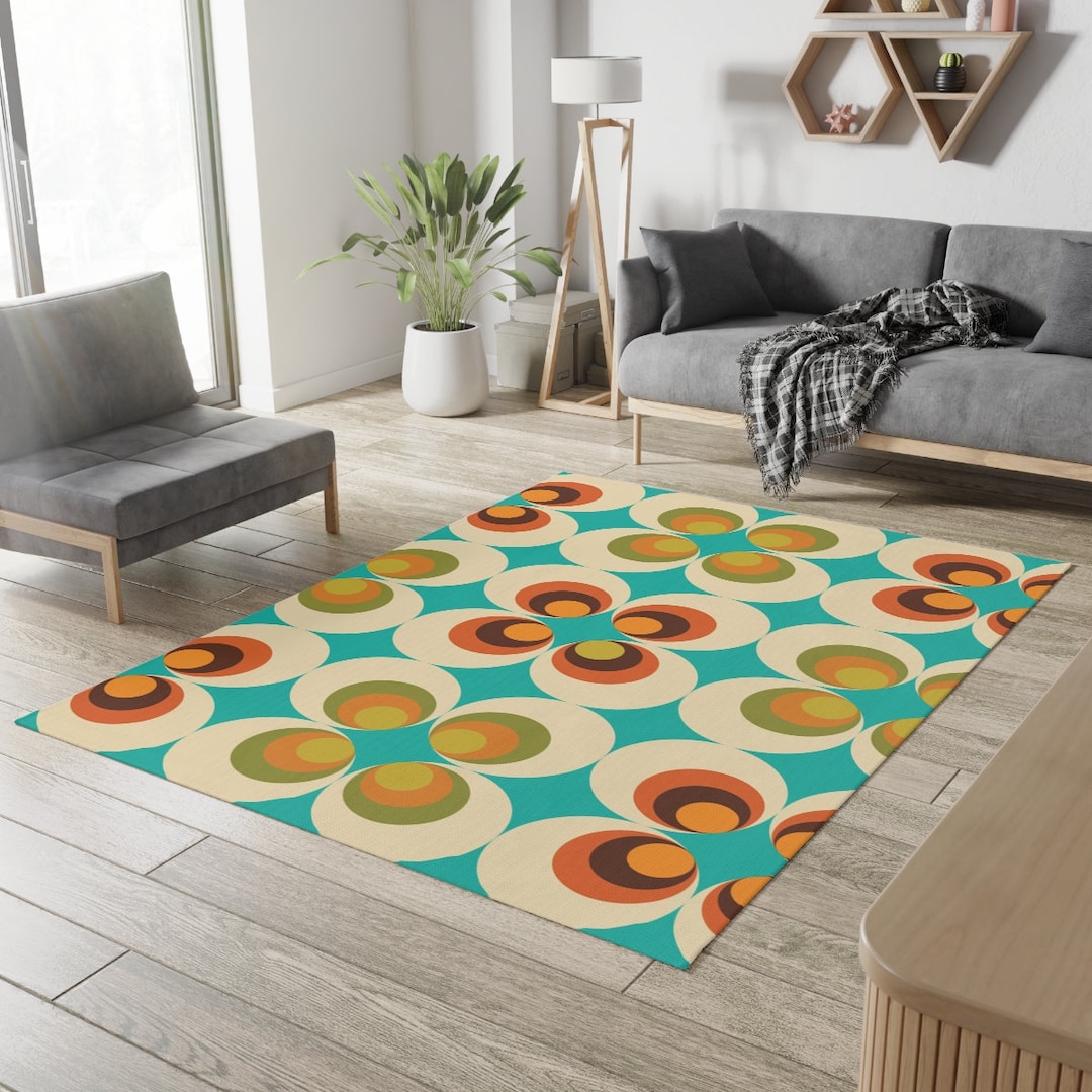70's Retro Rug Geo Pattern, Orange Teal Mustard Yellow Brown Mid Modern