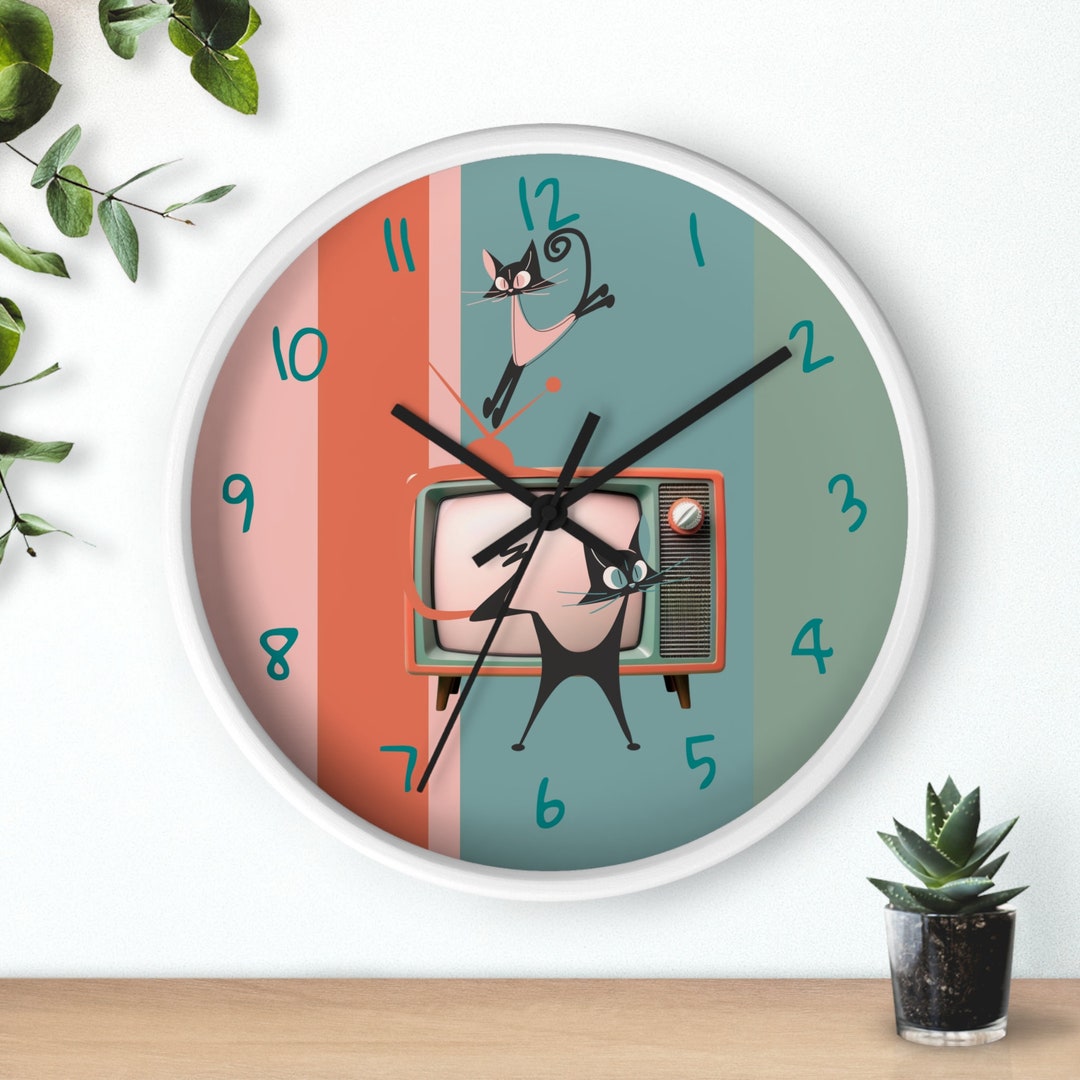 Atomic Cat Wall Clock, Mid Century Modern TV, Kitschy Black Cats ...