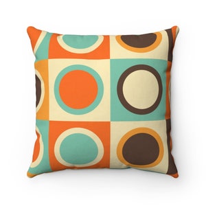 Mid Century Modern, Geometric Circles, Aqua Blue, Brown, Orange, Mustard Yellow, Beige, Spun Polyester Square Pillow