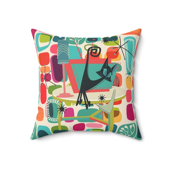 Mid Century Modern Pillow Amoeba Geometric Design With Kitschy Atomic Cat Whimsical Quirky Fun Pillow and Insert Etsy