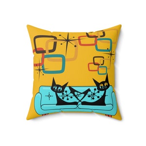 Retro Atomic Cat Him And Her Lover Mustard Yellow Geometric Atomic Living Pillow