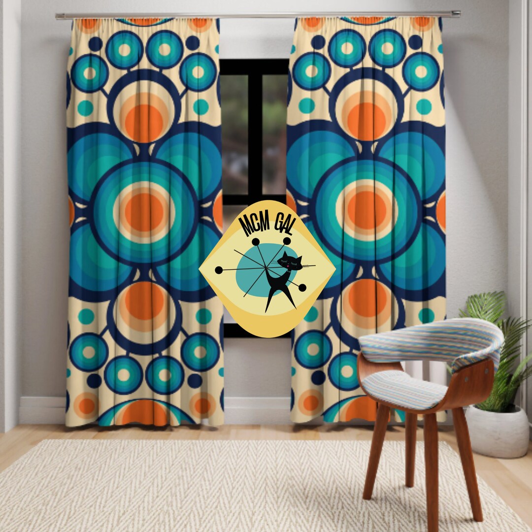 60's 70's Retro Curtains, Blue, Teal, Orange, Geometric Orbs, Mid Mod