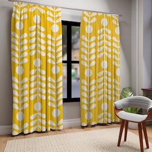 Scandinavian, Modern Danish, Minimalist, Yellow White, Abstract, Hygge Folk  Art Retro Mod Window Curtains (1 Piece)