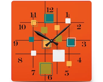 Mid Century Modern Wall Clock, Orange, Retro Geometric Acrylic Wall Clock