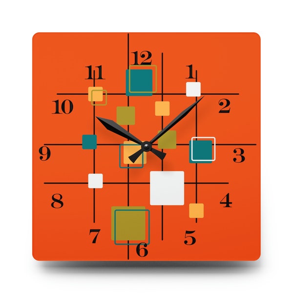 Mid Century Modern Wall Clock, Orange, Retro Geometric Acrylic Wall Clock