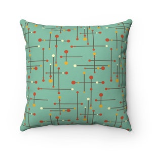 Mid Century Modern Mint Blue Grass Mustard Yellow and hints of Burnt Orange MCM Home Decor Spun Polyester Square Pillow Case