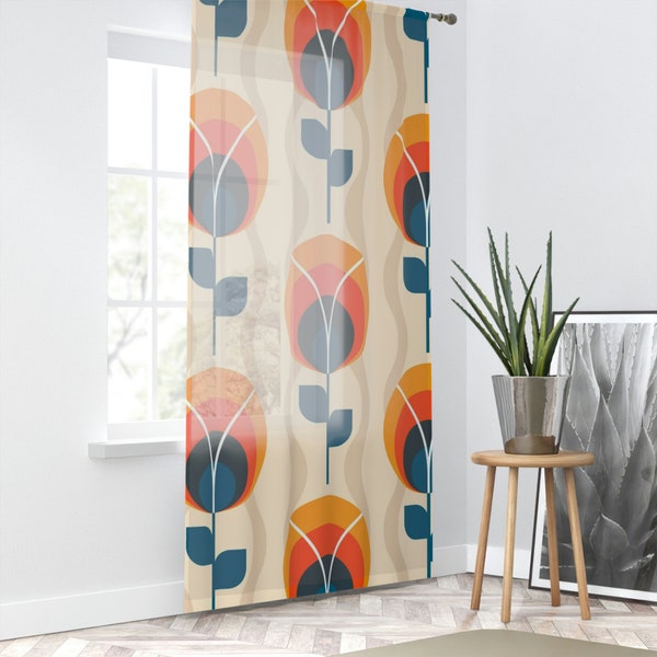 Retro Scandinavian Sheer Curtains, Modern Danish, Orange, Blue, Geometric, Groovy, Folk Art Flower, Hygge Nordic Swedish Home Decor