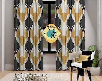 Art Deco, Gold, Black, White Geometric, Deco Art, Hollywood Glam, Window Curtains (1 Piece)