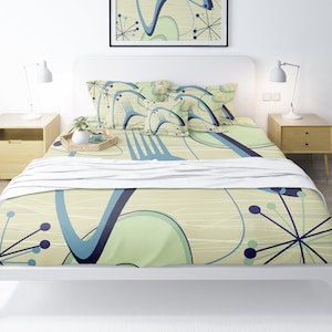 Mid Century Modern, King Duvet Cover, Atomic Boomerang, Beige, Blue, Green, Abstract, Mid Mod Retro Bedding