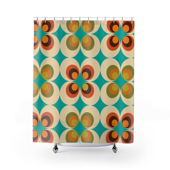 Retro Shower Curtain 70's Retro Curtain Orange Teal Etsy