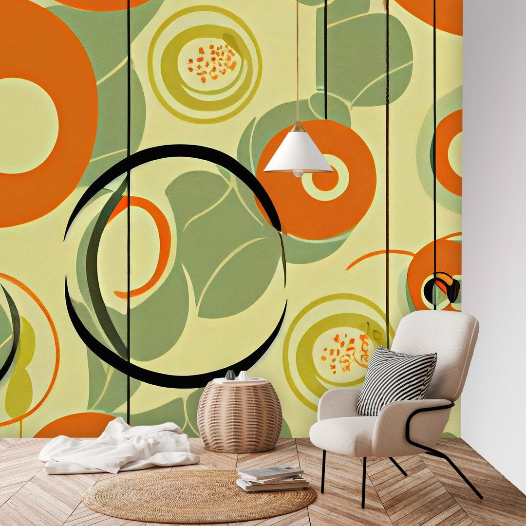 Mid Century Modern Wall Paper Green Orange Geometric Retro Etsy