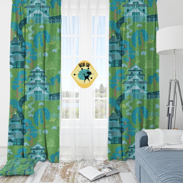 Modern Chinoiserie Fabric Window Curtain, Beautiful Exotic, Green, Blue Pagoda Design, Window Curtain