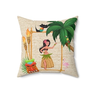 Retro Hawaiian, Tiki Bar, Tiki Décor Lamp, Atomic Cat, Palm Trees, Parrots, Tropical Mid Mod, Spun Polyester Square Pillow