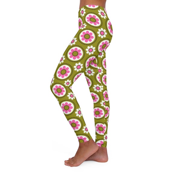 Yoga Pants, Work Out, Flower Power Green, Pink Daisy Groovy 70's Funky Bold  Yoga Women's Spandex Leggings 