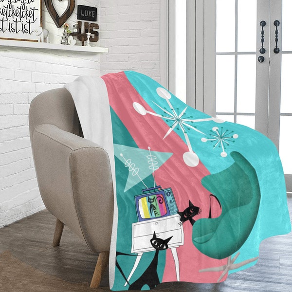 Atomic Cat, Retro Colored TV, Space Age Cats, Pink, Aqua, Teal Mid Century Modern Starbursts, Design by Mid Century Modern Gal Blanket