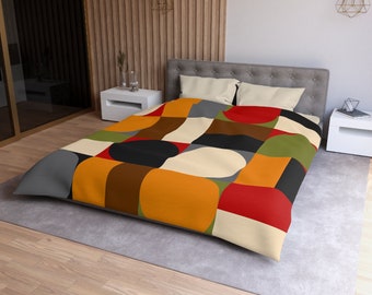 Mid Century Modern Retro Geometric Abstract Red, Gray, Black, Mustard Yellow, Brown,Green Microfiber Duvet Cover