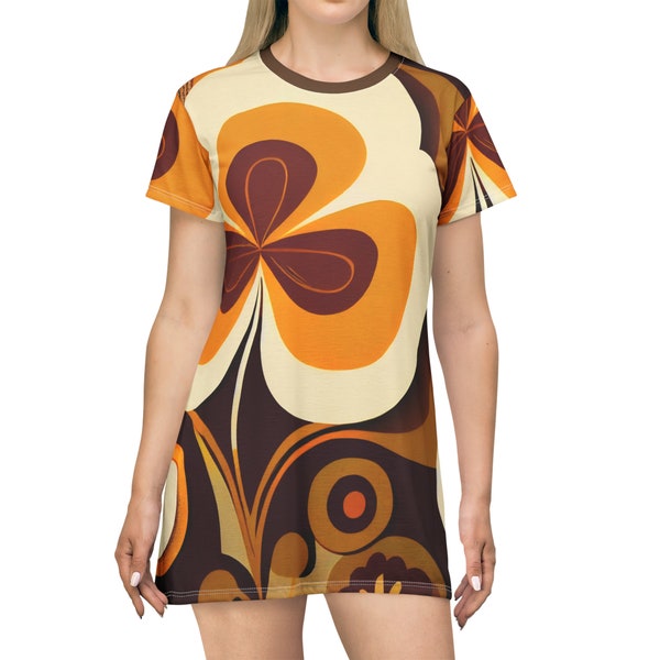 1970s Era Women's Apparel, Retro Mod Flower Groovy T-Shirt Dress