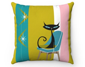 Atomic Cat Boomerang Green, Teal, Pink, White Retro 60's 70's Spun Polyester Square Pillow