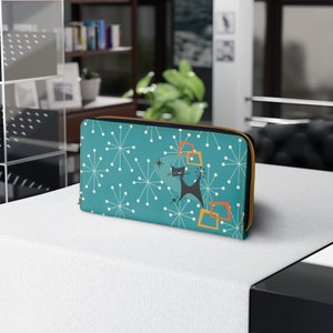 Atomic Cat, Kitschy  Dark Aqua, Starburst, Mid Mod Retro Zipper Wallet