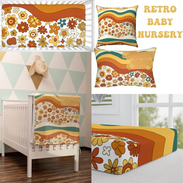 Retro Baby Nursery, Crib Sheet, 70's Flower Power, Groovy Mid Mod, Rust, Teal, Yellow Nursery Decor