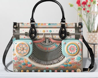 Retro Typewriter, Mid Mod Kitschy Style Hand Bag-Shoulder Bag Combo, Pink, Aqua, Blue