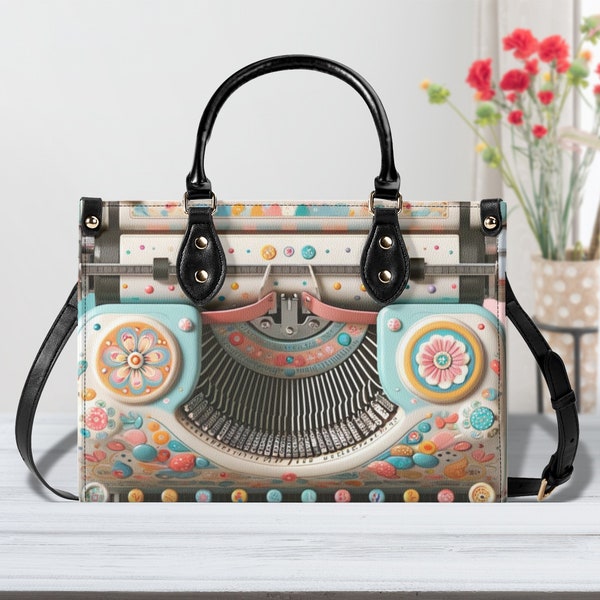 Retro Typewriter, Mid Mod Kitschy Style Hand Bag-Shoulder Bag Combo, Pink, Aqua, Blue