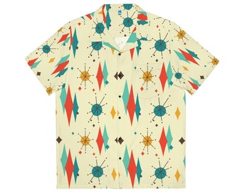 Men's Hawaiian Shirt, MCM Retro Shirt, Starburst, Beige, Teal, Yellow, Astro Mid Century Modern Casual Summer Party Shirt