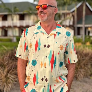 Men's Hawaiian Shirt, MCM Retro Shirt, Starburst, Beige, Teal, Yellow, Astro Mid Century Modern Casual Summer Party Shirt