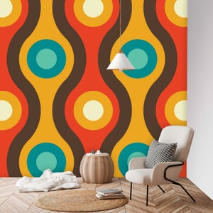 Mid Century Modern Groovy Wave, Chocolate Brown, Mustard Yellow, Teal, Aqua Peel And Stick Wall Murals