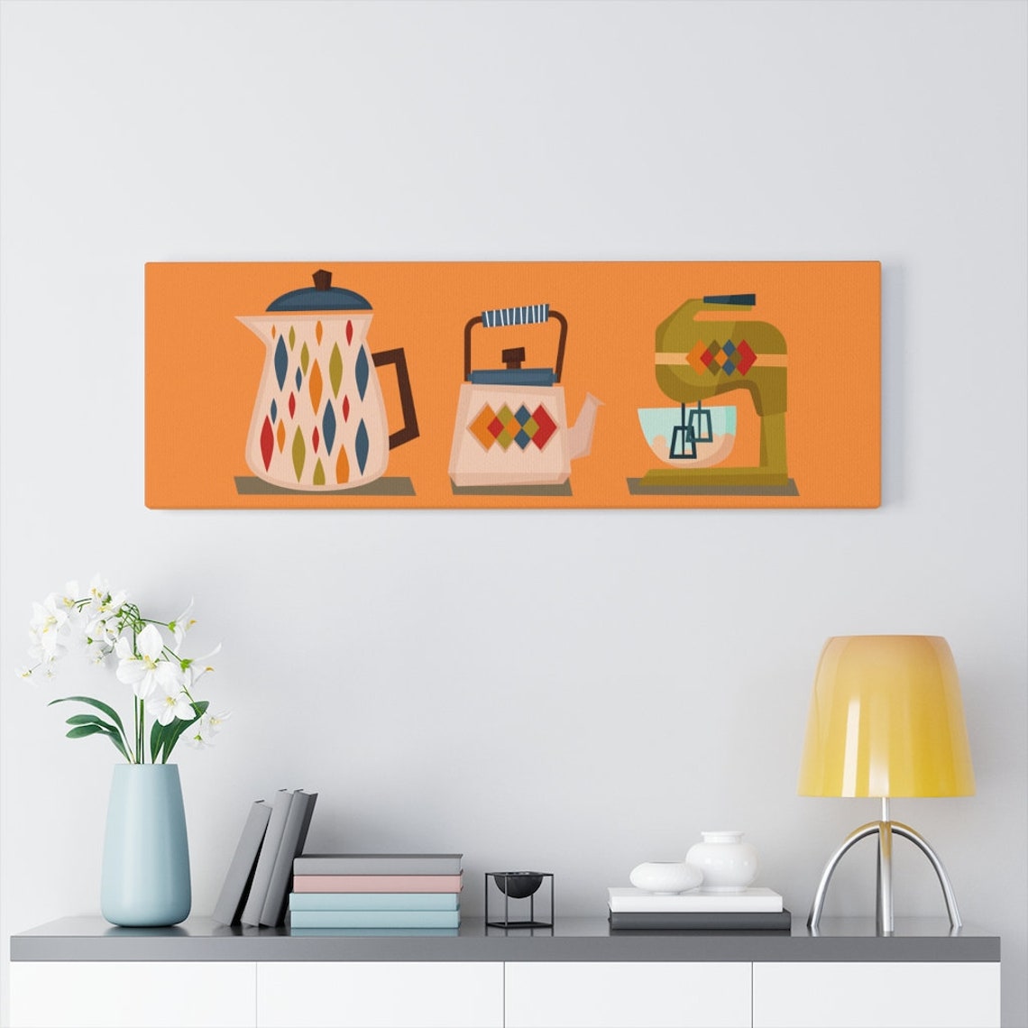 Retro Kitchen Wall Art Orange Green Abstract Kitchen Coffee Etsy
