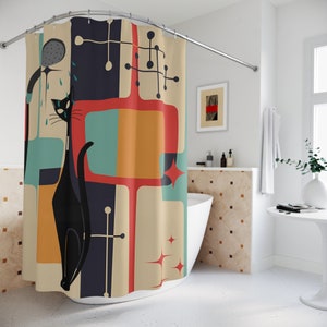 Atomic Cat, Mid Century Modern Shower Curtain, Geometric Design, In Beige, Mustard Yellow, Teal, Kitschy Fun Design