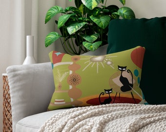 Atomic Cat Retro Avocado Green Mid Century Modern Whimsical Lumbar Pillow